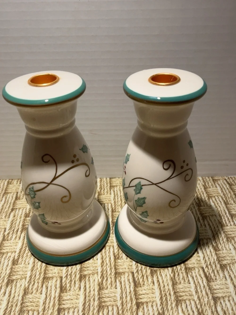 Pair Christmas Holly Ceramic Candlestick Holders 8” Teal Gold Red Berries
